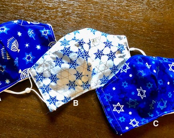 Hanukkah Chanukah FACE MASK nose wire, washable reusable lined adjustable elastic 100% cotton Made in USA