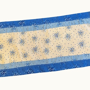 May include: A quilted table runner with a central cream-colored panel dotted with blue clusters. The runner is bordered by light blue and dark blue fabric, creating a decorative accent for a dining table or other surface.