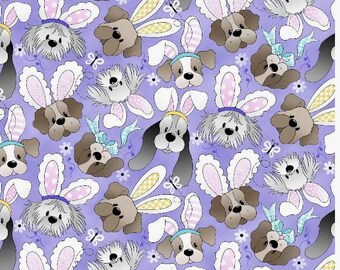 Dogs in Bunny Ears Purple 100% cotton Fabric by the Half Yard 44" wide