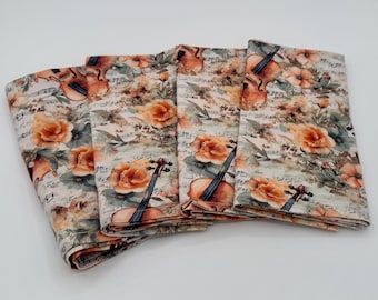 Musical theme cloth napkins Violins, peach flowers and musical notes Eco-Friendly