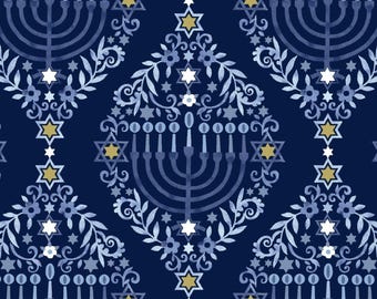 Hanukkah Fabric by Studio E Fabrics -Menorah Damask by the quarter yard