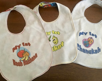 Jewish Holiday Baby Bibs set of 3 Rosh Hashana, Sukkot, Chanukah