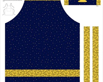 May include: A navy blue apron with a gold menorah design and gold coin accents. The apron has a pocket and is decorated with a pattern of gold stars. The text "Festival of Lights Apron" is visible.