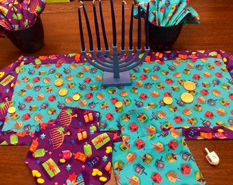 Bright Fun Chanukah Hanukkah Table Runner Reversible Dreidel print with Optional Napkins