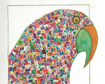 Parrot Art, Paper Mosaic Parrot, Parrot Portrait, Multi-color Paper Mosaic Parrot Print