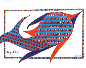 Fish, Fish Art, Bass, Bass Art, Whimsical Striped Bass, Striped Bass Print, Sally Striped Bass Print