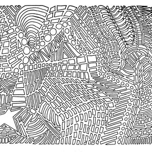May include: Black and white abstract line art drawing with a geometric pattern. The design features a variety of shapes, including circles, squares, and rectangles. The lines are thick and bold, creating a sense of depth and dimension.