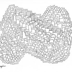 May include: Black and white abstract drawing of a shape made up of many overlapping squares.