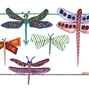 Dragon Fly, Dragonfly, Dragonfly art, 5 dragongflies, Whimsical dragon flies, dragonfly original painting