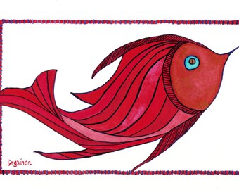 Flapper, Fish Woman Art Print, Funny Vintage Fashion Illustration, Red ...