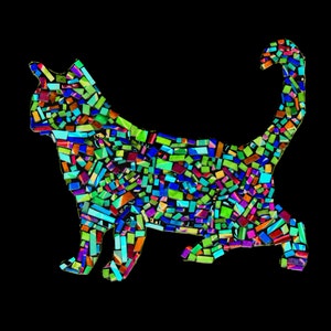 May include: A colorful mosaic cat silhouette with a black background. The cat is made up of small, rectangular pieces of glass in various shades of blue, green, red, orange, and yellow.
