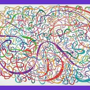 Puede incluir: Pintura abstracta con fondo blanco y l&iacute;neas de colores en rojo, naranja, amarillo, verde, azul, morado y rosa.