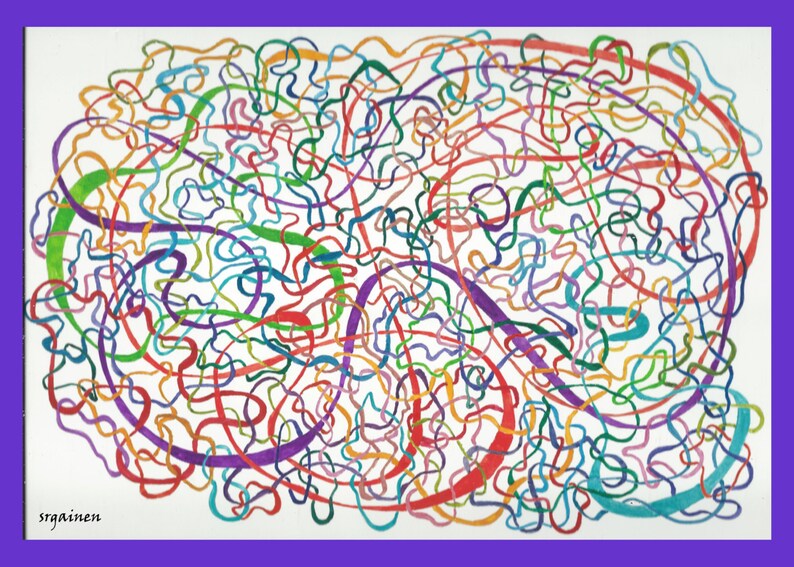 Puede incluir: Pintura abstracta con fondo blanco y l&iacute;neas de colores en rojo, naranja, amarillo, verde, azul, morado y rosa.