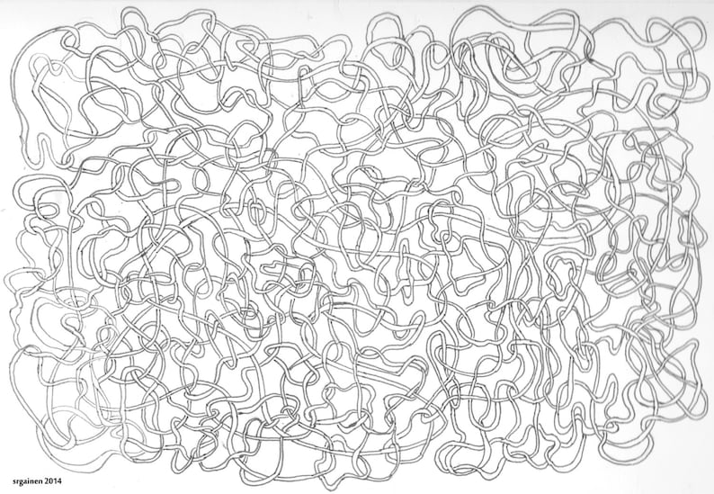 Puede incluir: Un dibujo en blanco y negro de un patr&oacute;n abstracto complejo de l&iacute;neas y curvas entrelazadas.