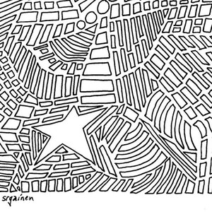 May include: Black and white line art illustration of a star with a geometric pattern background.