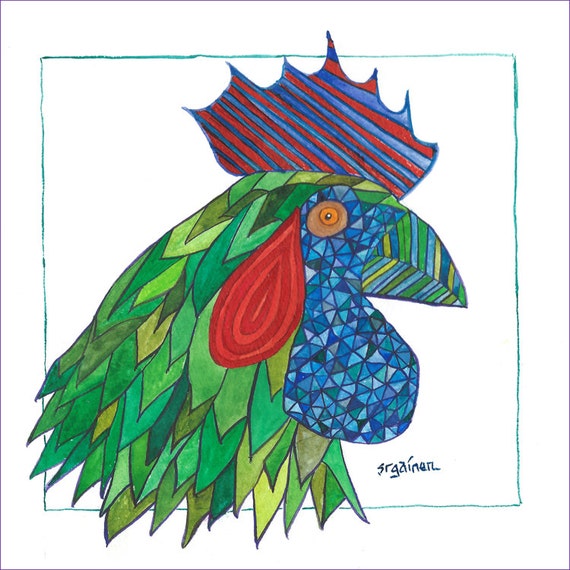 Rooster, Rooster Art, Chicken Art, Blue Green Rooster, Painted Stained Glass Rooster, Blue Green Stained Glass Rooster Print