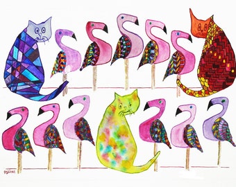 Cats, Cat Art, Flamingos, Flamingo Art, Bird Art, 3 Cats & 11 Flamingos Print, Cats and Flamingos acapella