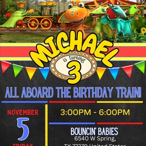 May include: A colorful birthday invitation featuring characters from the Dinosaur Train television show. The invitation is for Michael's 3rd birthday party, which will be held on November 5th at 3:00 PM to 6:00 PM at Bouncy'n Babies, 6540 W Spring, TX 77379. The RSVP number is (309) 200-3021.