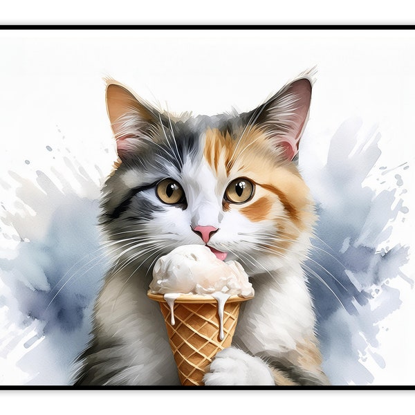 Watercolor Calico Cat Eating an Ice Cream Cone: Printable art, Instant Digital Download