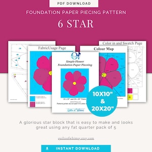 Simple Flower Paper Piecing Pattern easy flower quilt block pattern 6  petal flower pattern for quilting foundation paper piecing fpp 2sizes