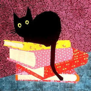 Può includere: Un gatto nero è seduto su una pila di libri colorati. I libri sono disposti a gradini, con il libro superiore giallo e quello inferiore rosso. Il gatto ha gli occhi gialli e una lunga coda.