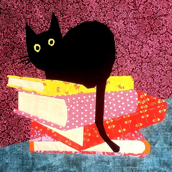 Bloque de edredón "Gatos y libros": Patrón de 20" (PDF)