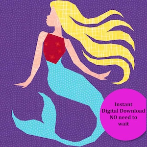 May include: A digital download pattern for a mermaid with a red top, blue tail, and long yellow hair. The image has a purple background and a pink circle with the text "Instant Digital Download NO need to wait".