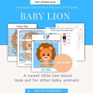 Puede incluir: Una descarga digital en PDF para un patrón de costura de Baby Lion. La imagen muestra un mapa de colores, diagramas de construcción, uso de telas y muestras, y una linda ilustración de león. El tamaño del patrón es de 101,6 x 101,6 cm.