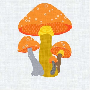 Può includere: Tre funghi arancioni con macchie bianche sui cappelli. Il fungo più grande ha un gambo giallo e i due funghi più piccoli hanno gambi grigi.