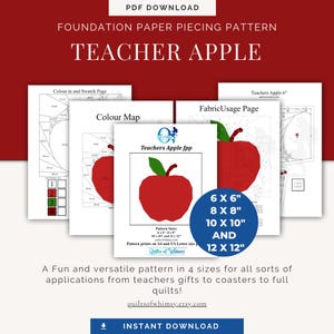 以下が含まれることがあります： 「Teacher Apple」というタイトルの、基礎ペーパーピーシングパターンのPDFダウンロード。画像には、カラーマップや生地の使用ページなど、リンゴのデザインがいくつか表示されています。パターンは、15x15cm、20x20cm、25x25cm、30x30cmの4つのサイズで利用できます。