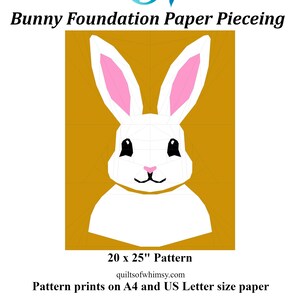 Puede incluir: Un patrón de acolchado de papel de base para un conejito, con una cabeza de conejito blanca y orejas rosas sobre un fondo dorado. El patrón mide 20 pulgadas por 25 pulgadas e imprime en papel A4 y US Letter. El patrón es de Quilts of Whimsy.