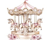 Blush Pink Unicorn Carousel Watercolor Clipart (PNG)