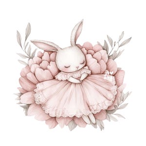Watercolor Baby Bunny Princess Clipart: Sleeping in Pink Peony (PNG)