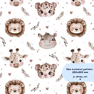 Cute Jungle Animal Head Seamless Pattern, Baby Lion, Tiger, Hippo, Leopard Print, Safari Fabric Design, Digital Download, Commercial Use