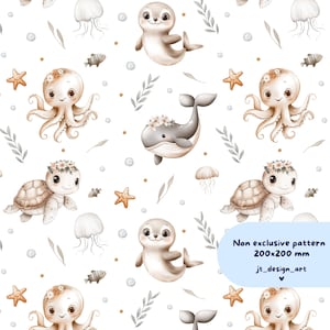 Puede incluir: Patrón sin costuras con una variedad de adorables criaturas marinas, incluyendo una ballena, un pulpo, una tortuga y una foca. El patrón está ilustrado en un estilo acuarela con suaves tonos marrones y beige sobre un fondo blanco. El texto "Non exclusive pattern 200x200 mm jt_design_art" está incluido en la esquina inferior derecha.