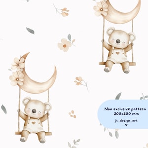 Modello digitale Sweet Dreams Koala, acquerello carino Koala, modello per vivaio con luna e fiori, modello senza cuciture con colori neutri, carta stampabile