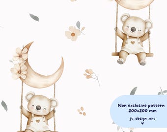 Koala Nursery Pattern: Watercolor Moon, Floral Seamless Design (Digital Pattern)