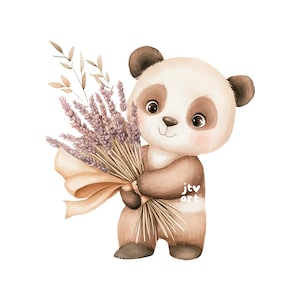 Baby Panda with Lavender Bouquet Watercolor PNG Clipart, Lavender Nursery Art PNG, Kawaii Panda Bear PNG, Panda Birthday, Panda Sublimation