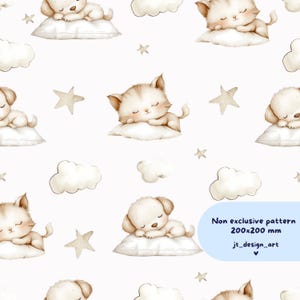 File con motivo senza soluzione di continuità con gattini e cuccioli ad acquerello, carta digitale per dormire, acquerello "Sogni d'oro", carta digitale per gatti, commerciale