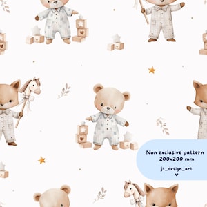 Teddybär und Fuchs mit Bio-Holz-Spielzeug Nahtlose Muster, Bausteine Holz, Stick Pferd Digitales Muster, Babyparty Neutrales Muster