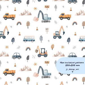 Trucks and Diggers Watercolor Seamless Pattern, Excavator, Construction, Construction Signs, Boys Rainbow Seamless, Repeat Tile