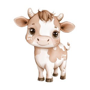 Cute Baby Cow PNG Watercolor Clipart, Cartoon Farm Animals Cow, Highland Cow, Fabric PNG Sublimation file, Transfer, Heat transfer design