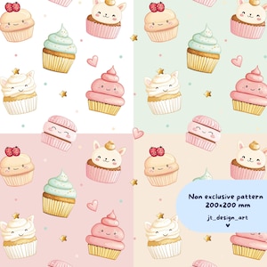 Cute Kawaii Cupcake Desserts Seamless Watercolor Pattern, Pastel Food Food Printable, Kawaii Sweets, Kawaii Food Fabric, Printable Paper