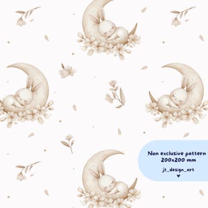 Simpatico coniglietto con motivo floreale senza soluzione di continuità, motivo a coniglio lunare, carta digitale con animali acquerellabili, coniglio addormentato con colori neutri, buonanotte