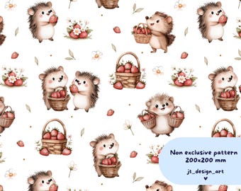 Strawberry Hedgehog Seamless Pattern, Cottagecore Fabric Design, Whimsical Woodland Animals, Textile Design, Commercial Use
