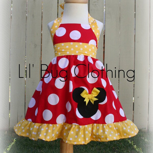 Custom Boutique Clothing Red and Yellow Jumbo Dot  MInnie Mouse Halter  Dress