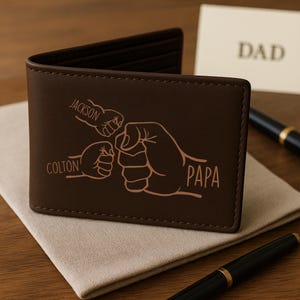 Cartera de cuero grabada con el logo de "Choque de puños", regalo para el Día del Padre, cartera divertida para papá, cartera personalizada para papá, cartera para hombre