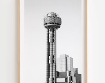 Dallas Reunion Tower Druck, Schwarz-Weiß Dallas Wandkunst, Texas Skyline Poster Fotografie