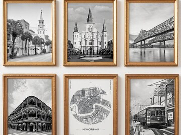 New Orleans City Prints, New Orleans Black and White Prints Set of 6, New Orleans Photo Gallery, New Orleans Map, Louisiana