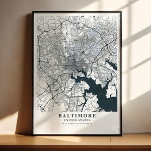 Kaart van Baltimore, kaarten van Maryland, kaarten van de VS, kaarten van de VS, stadsprints, kunst aan de muur Baltimore, posters van Maryland, stratenkaarten, Amerikaanse kaarten, kaart cadeau-poster